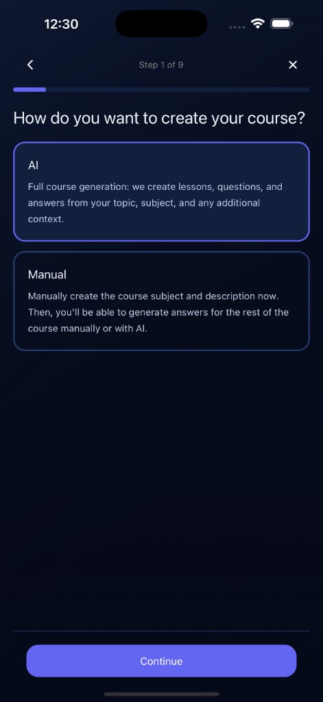 Course creation step: choose AI or manual full course generation