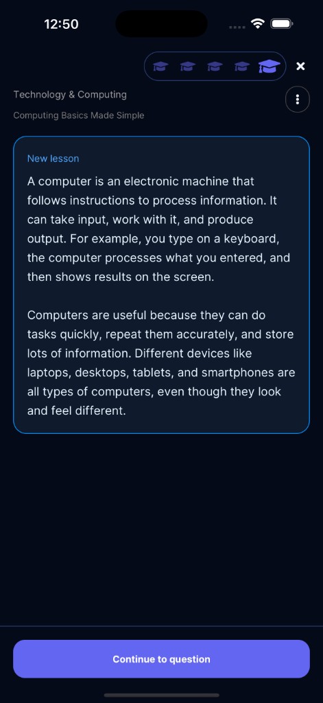 In-app lesson screen with course context and Continue to question