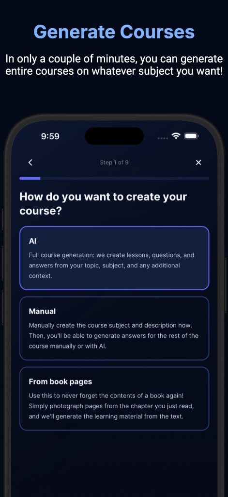 Course creation: choose AI, manual, or generate from book page photos