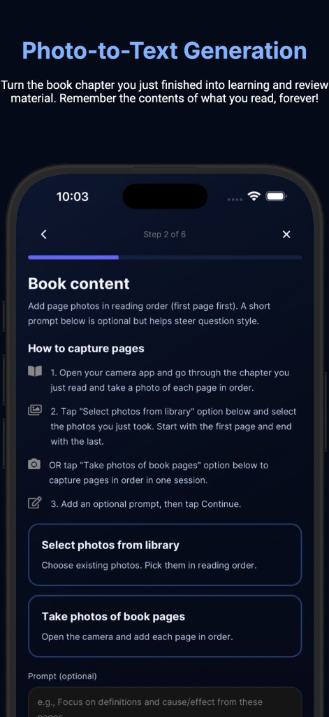 Add book page photos in reading order to generate learning material
