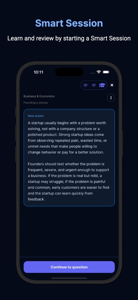 Smart Session lesson screen with course topic and continue to question