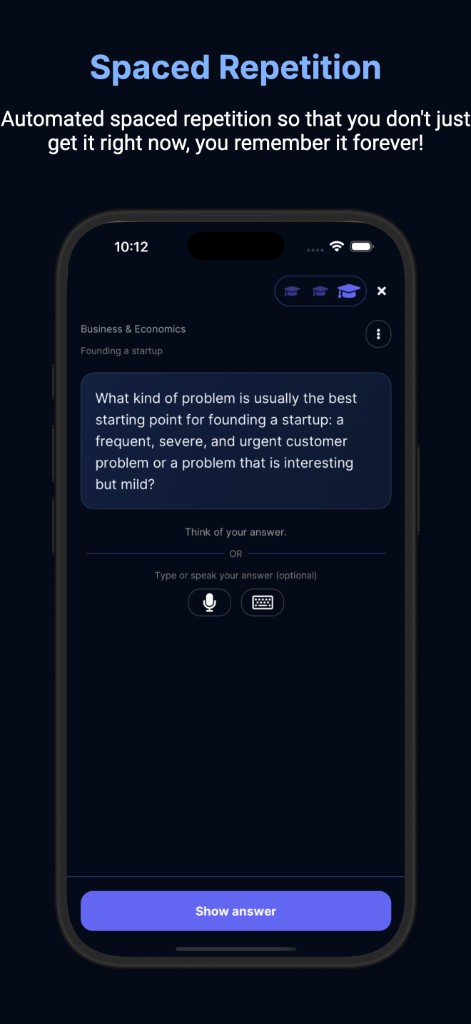 Spaced repetition quiz question with optional answer input and show answer