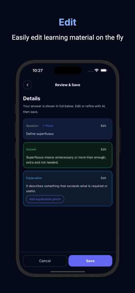 Review and save card with editable question, answer, and explanation