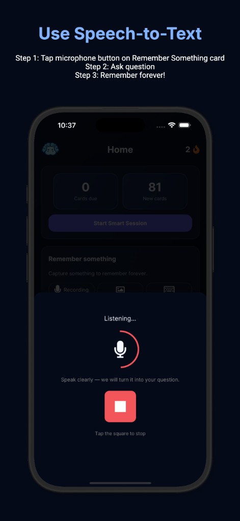 Speech-to-text listening modal to capture a question by voice