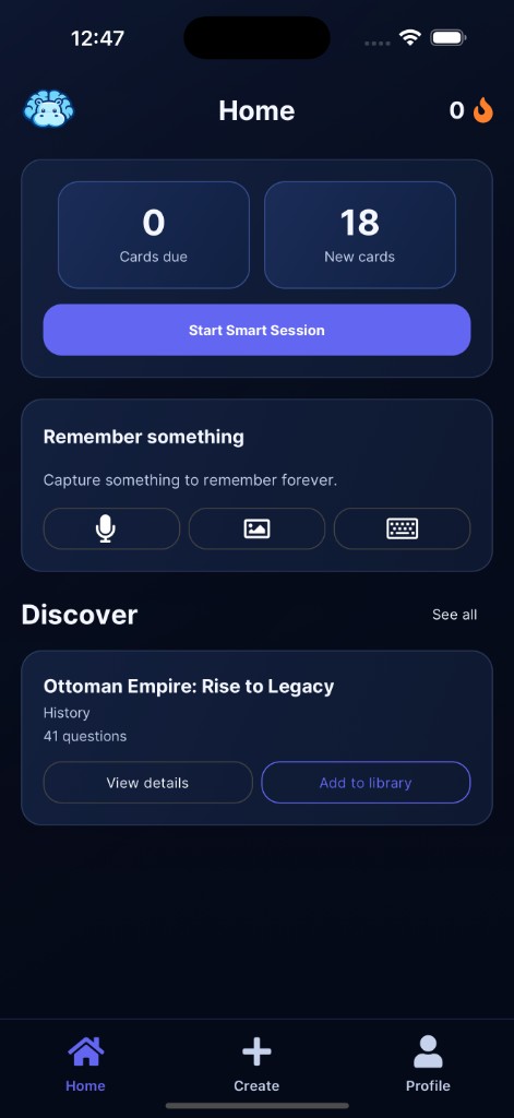 HippoCampus home with study summary, Start Smart Session, Remember something, and Discover